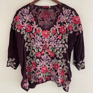JOHNNY WAS Heavily Floral Embroidered Deep Purple Top; Small (RUNS LARGE!)